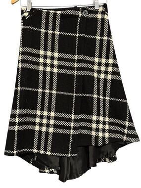 Burberry Girls Size 12 Black Cream Asymmetrical Plaid Wool Midi Skirt
